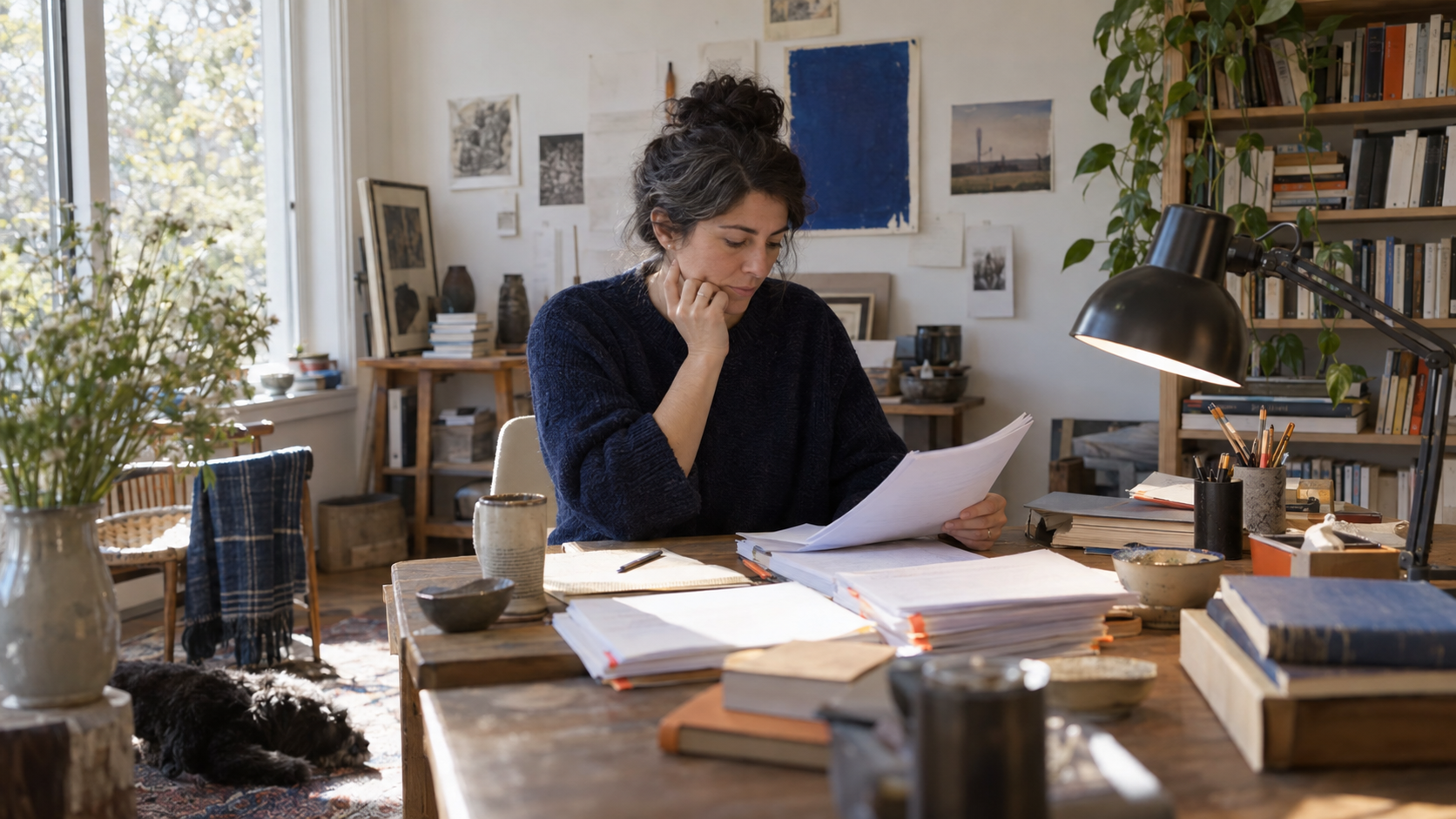 Margin Press author working with manuscript pages in a studio