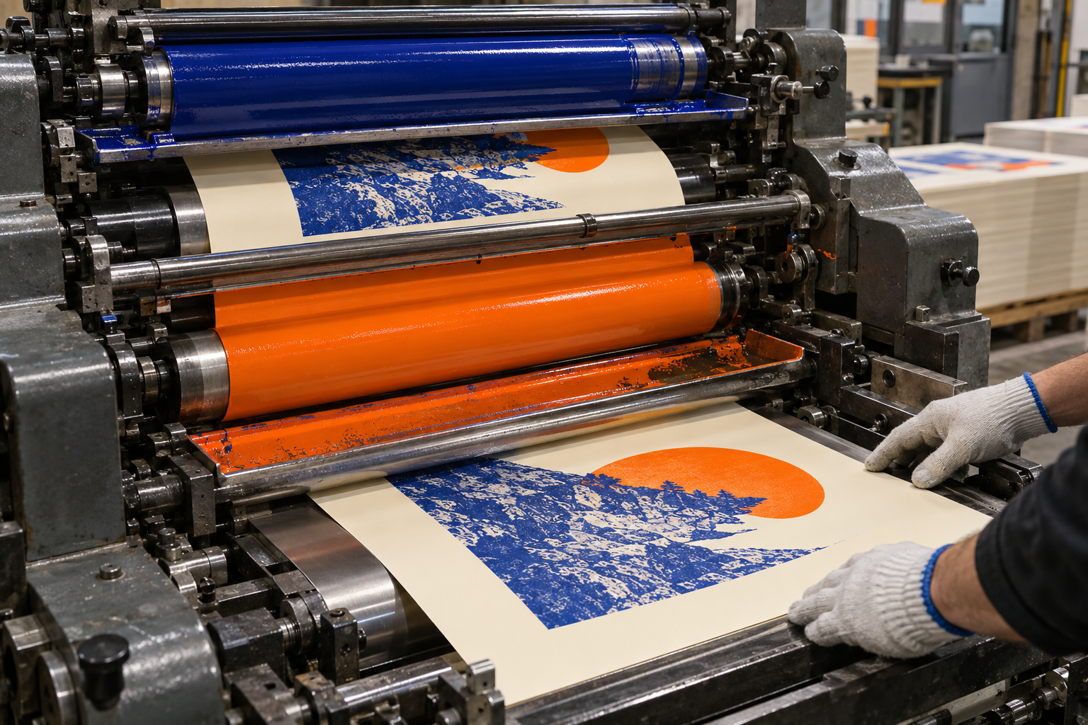 An offset printing press lays blue and orange ink onto cream paper